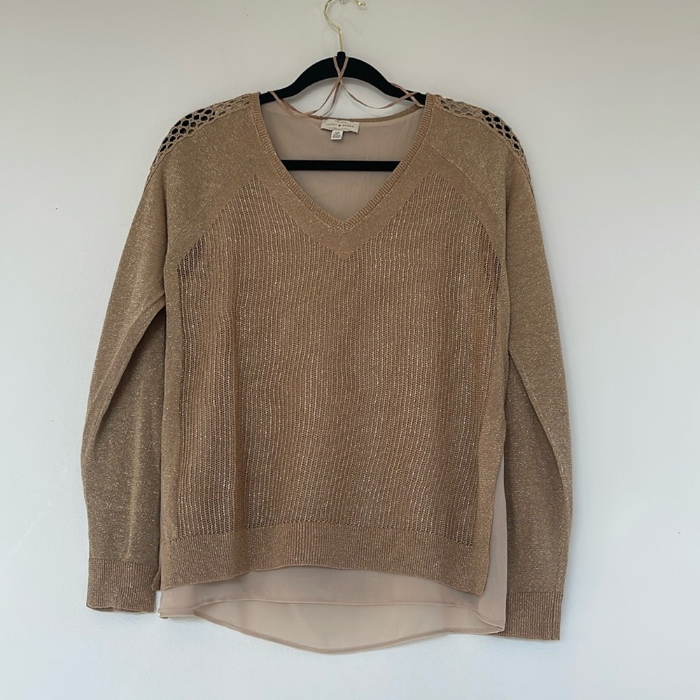 Lucky Brand Metallic Silvery Beige V-Neck Sweater Size S/P
